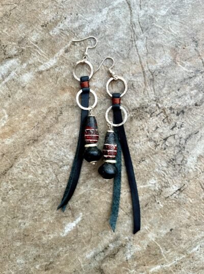 Tribal Boho Earrings Leather, Java Glass, India Clay Beads & Hammered Silver - Image 2