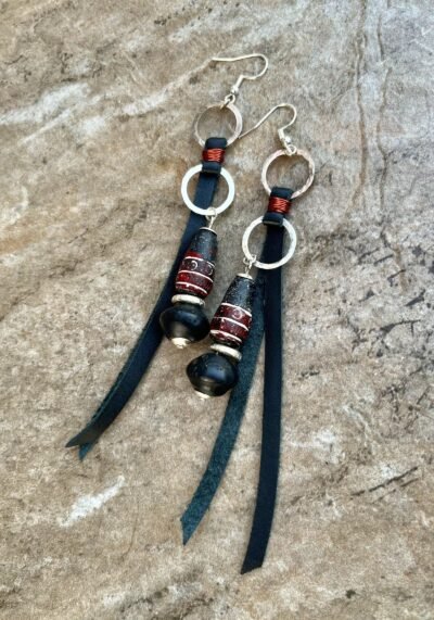 Tribal Boho Earrings Leather, Java Glass, India Clay Beads & Hammered Silver - Image 3