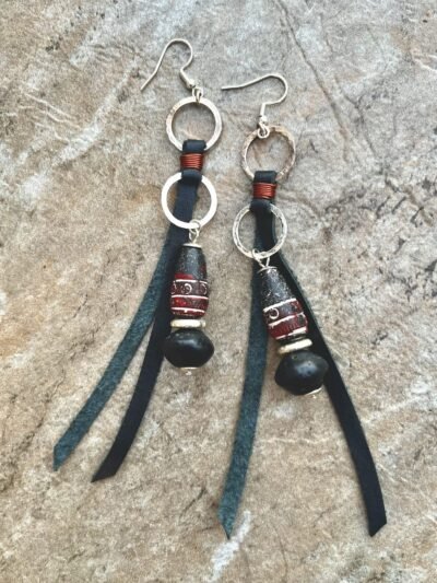 Tribal Boho Earrings Leather, Java Glass, India Clay Beads & Hammered Silver - Image 4