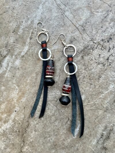 Tribal Boho Earrings Leather, Java Glass, India Clay Beads & Hammered Silver - Image 5