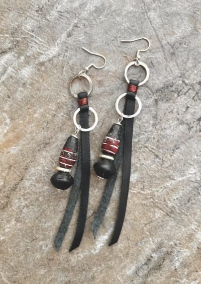 Tribal Boho Earrings Leather, Java Glass, India Clay Beads & Hammered Silver