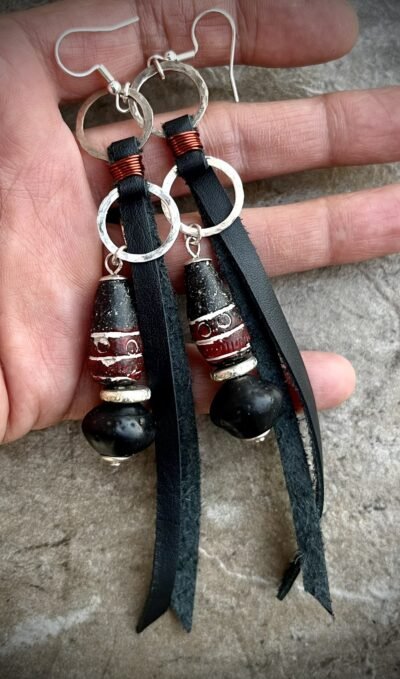 Tribal Boho Earrings Leather, Java Glass, India Clay Beads & Hammered Silver - Image 6