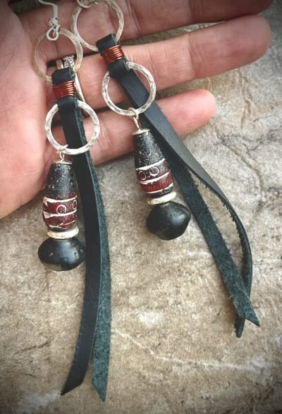 Tribal Boho Earrings Leather, Java Glass, India Clay Beads & Hammered Silver - Image 8