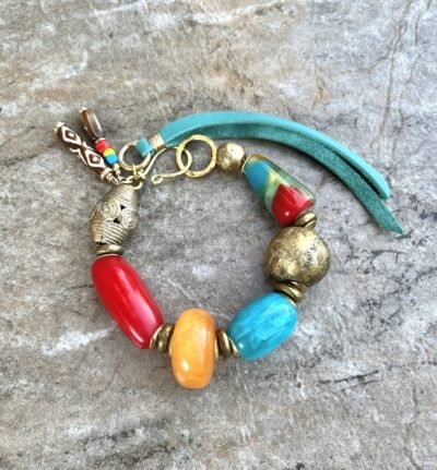 Tribal Boho Bracelet Vintage Resin and African Ethnic Lost Wax Brass Beads - Image 2