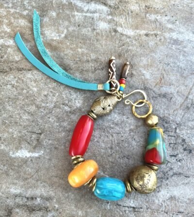 Tribal Boho Bracelet Vintage Resin and African Ethnic Lost Wax Brass Beads - Image 5