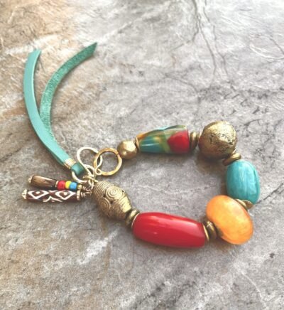 Tribal Boho Bracelet Vintage Resin and African Ethnic Lost Wax Brass Beads - Image 3