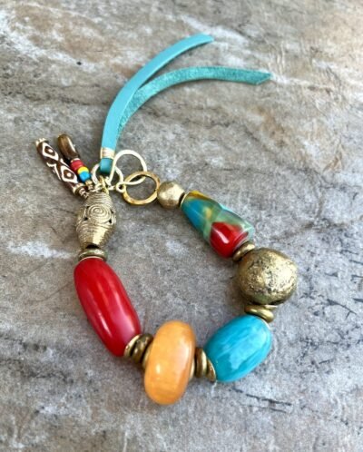 Tribal Boho Bracelet Vintage Resin and African Ethnic Lost Wax Brass Beads