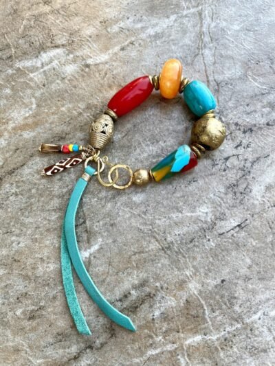 Tribal Boho Bracelet Vintage Resin and African Ethnic Lost Wax Brass Beads - Image 7