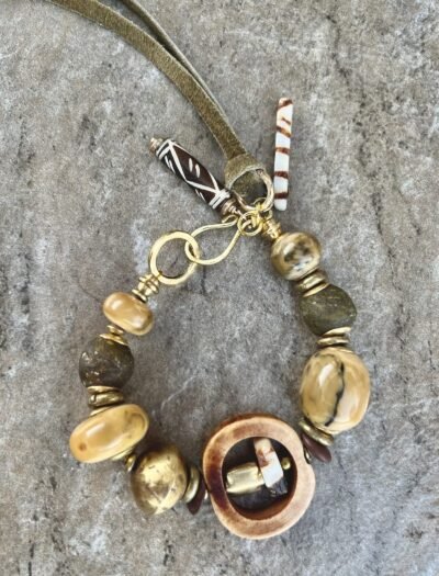 Boho Chic Bracelet Tribal Bone, Vintage Resin, Recycled Glass, African Brass - Image 3