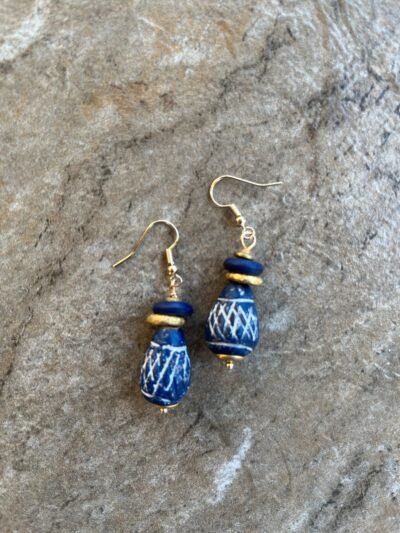 Tribal Boho Earrings Ethnic Clay, Bone and Brass African Beads - Image 2