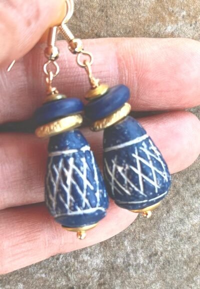 Tribal Boho Earrings Ethnic Clay, Bone and Brass African Beads - Image 8