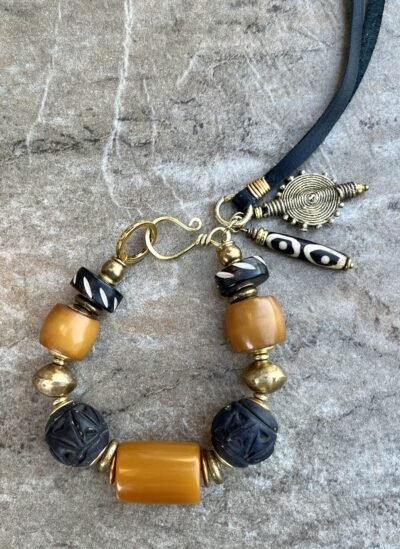 Boho Tribal Bracelet Vintage Amber Resin, African Ethnic Clay, Bone and Brass - Image 2