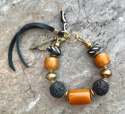 Boho Tribal Bracelet Vintage Amber Resin, African Ethnic Clay, Bone and Brass - Image 5