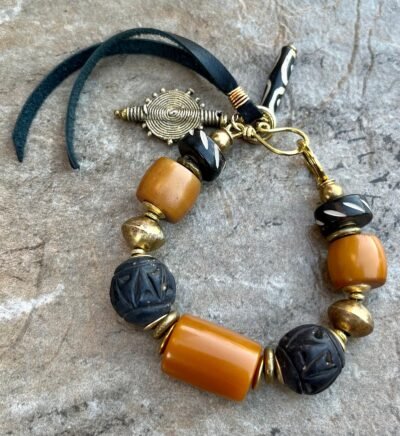 Boho Tribal Bracelet Vintage Amber Resin, African Ethnic Clay, Bone and Brass - Image 6