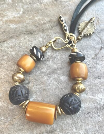 Boho Tribal Bracelet Vintage Amber Resin, African Ethnic Clay, Bone and Brass - Image 4