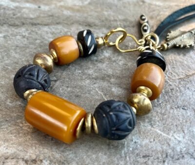 Boho Tribal Bracelet Vintage Amber Resin, African Ethnic Clay, Bone and Brass - Image 3