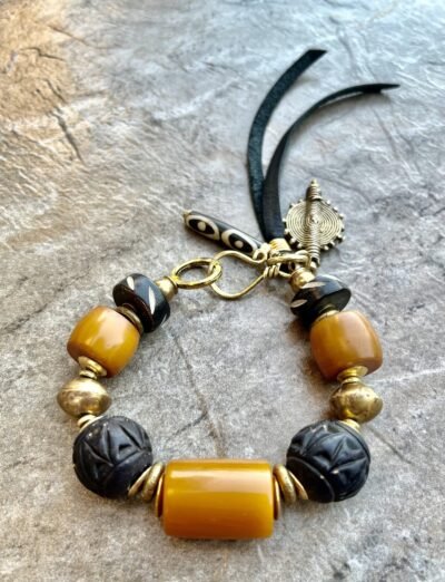 Boho Tribal Bracelet Vintage Amber Resin, African Ethnic Clay, Bone and Brass - Image 9