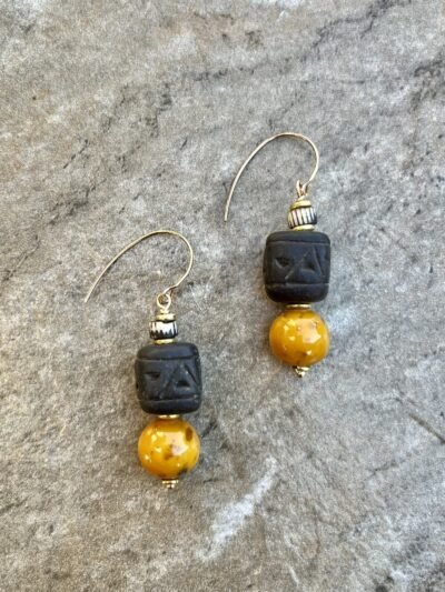 Tribal Bohemian Earrings African Ethic Clay and Vintage Resin Beads