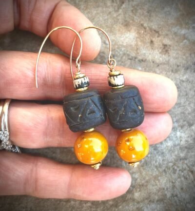 Tribal Bohemian Earrings African Ethic Clay and Vintage Resin Beads - Image 4