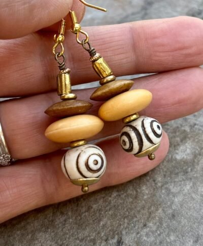 Tribal Boho Earrings African Trade Bone and Lost Wax Brass Beads - Image 9