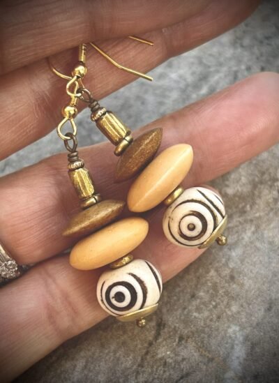 Tribal Boho Earrings African Trade Bone and Lost Wax Brass Beads - Image 5