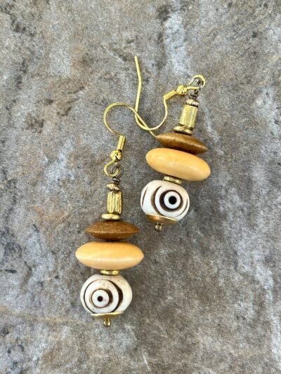 Tribal Boho Earrings African Trade Bone and Lost Wax Brass Beads - Image 3