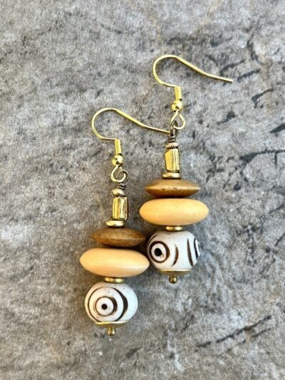 Tribal Boho Earrings African Trade Bone and Lost Wax Brass Beads