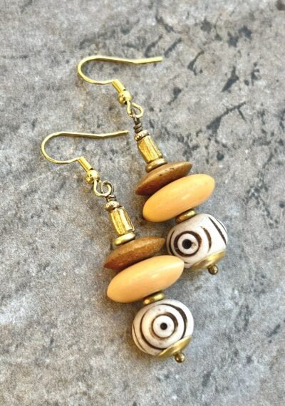 Tribal Boho Earrings African Trade Bone and Lost Wax Brass Beads - Image 2