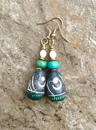 Bohemian Earrings Rustic Clay, Turquoise Gemstone, African Bone and Brass Beads
