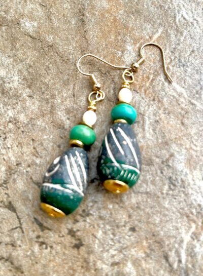 Bohemian Earrings Rustic Clay, Turquoise Gemstone, African Bone and Brass Beads - Image 3