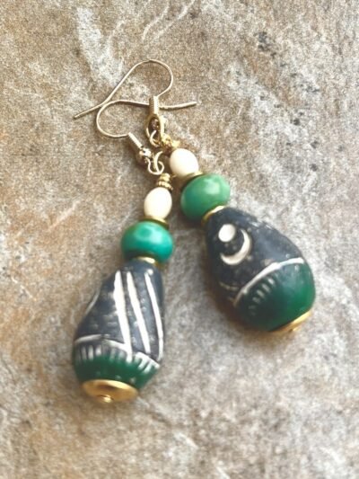 Bohemian Earrings Rustic Clay, Turquoise Gemstone, African Bone and Brass Beads - Image 5