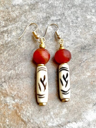 Tribal Boho Earrings African Batik Bone and Carnelian Agate Beads - Image 4