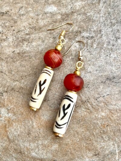 Tribal Boho Earrings African Batik Bone and Carnelian Agate Beads - Image 5