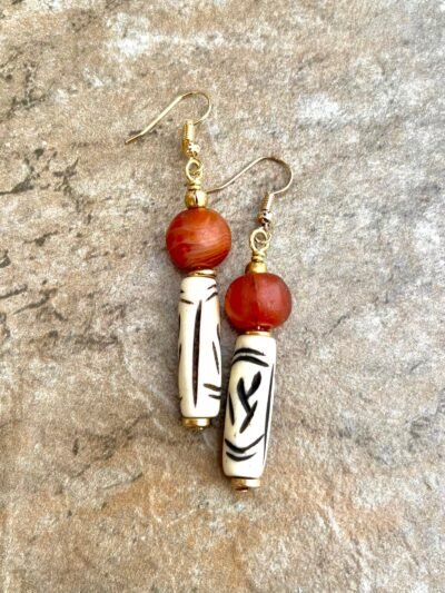 Tribal Boho Earrings African Batik Bone and Carnelian Agate Beads - Image 2