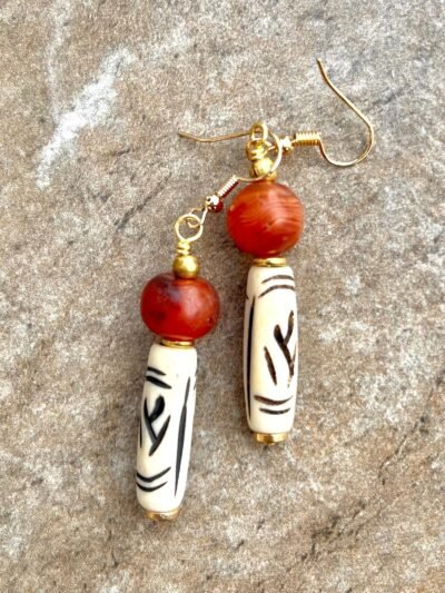 Tribal Boho Earrings African Batik Bone and Carnelian Agate Beads