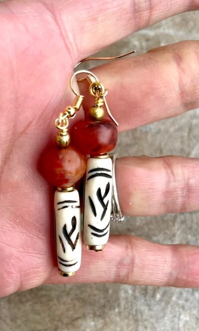 Tribal Boho Earrings African Batik Bone and Carnelian Agate Beads - Image 6