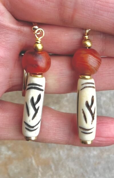 Tribal Boho Earrings African Batik Bone and Carnelian Agate Beads - Image 7