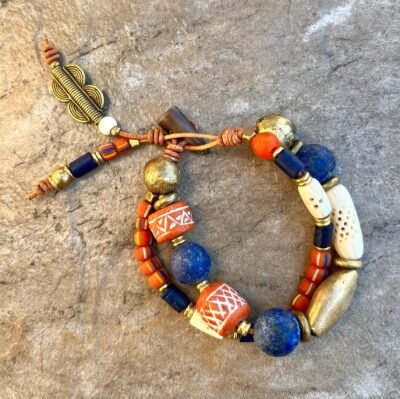 Tribal Boho Bracelet Lapis Lazuli, African Clay, Bone and Brass - Image 2