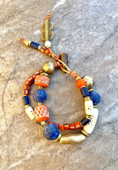 Tribal Boho Bracelet Lapis Lazuli, African Clay, Bone and Brass - Image 4