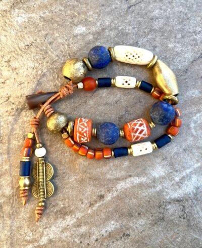 Tribal Boho Bracelet Lapis Lazuli, African Clay, Bone and Brass - Image 5