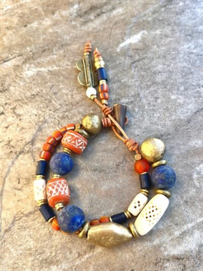 Tribal Boho Bracelet Lapis Lazuli, African Clay, Bone and Brass