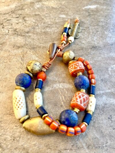 Tribal Boho Bracelet Lapis Lazuli, African Clay, Bone and Brass - Image 3