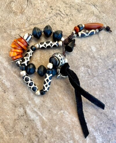 Tribal Boho Bracelet African Batik Bone, Rustic Glass, Baltic Amber Beads - Image 10