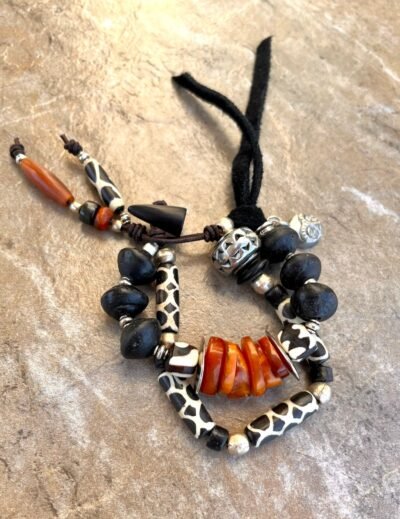 Tribal Boho Bracelet African Batik Bone, Rustic Glass, Baltic Amber Beads - Image 3