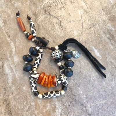 Tribal Boho Bracelet African Batik Bone, Rustic Glass, Baltic Amber Beads - Image 7