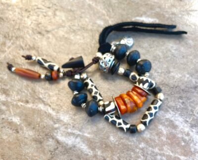 Tribal Boho Bracelet African Batik Bone, Rustic Glass, Baltic Amber Beads - Image 8