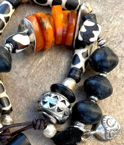 Tribal Boho Bracelet African Batik Bone, Rustic Glass, Baltic Amber Beads - Image 9