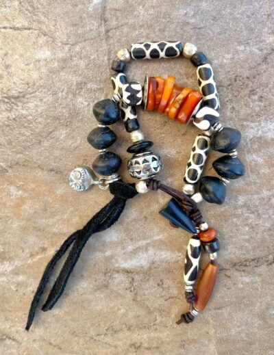 Tribal Boho Bracelet African Batik Bone, Rustic Glass, Baltic Amber Beads