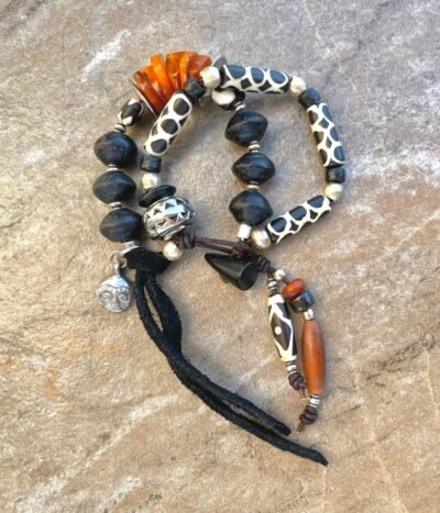 Tribal Boho Bracelet African Batik Bone, Rustic Glass, Baltic Amber Beads - Image 2