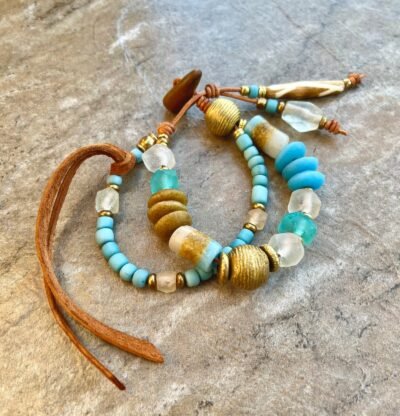 Bohemian Bracelet African Tribal Glass and Lost Wax Brass Beads - Image 10